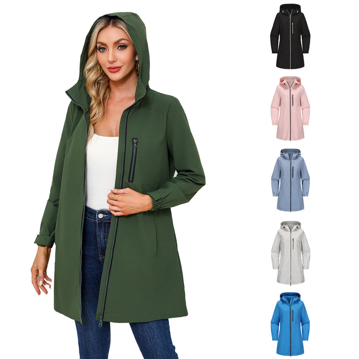 Women's waterproof long raincoat with hood and two-way zipper Mune Fashion