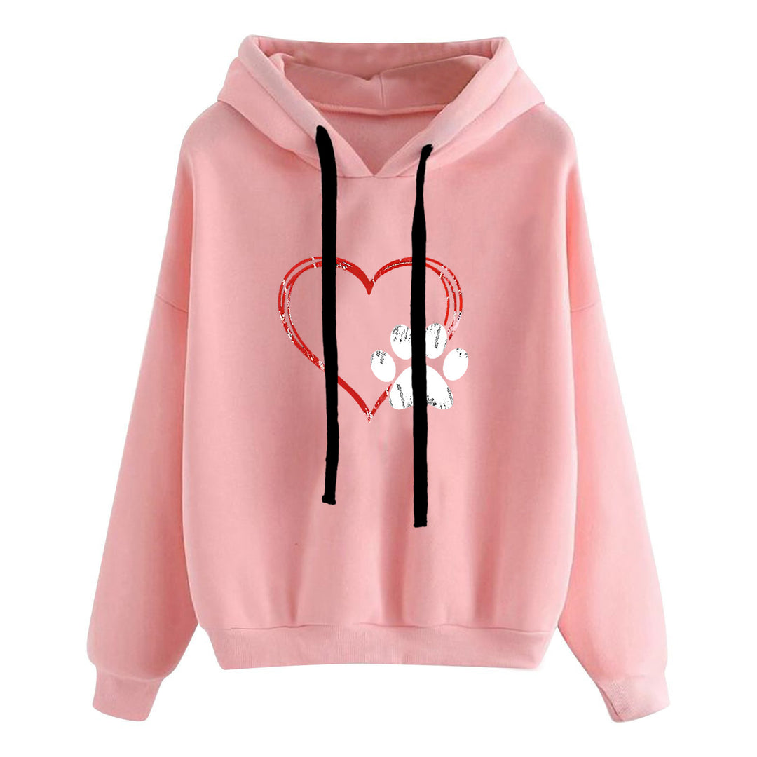 Women's casual oversized hoodie with heart and paw print, drawstring and ribbed cuffs Mune Fashion