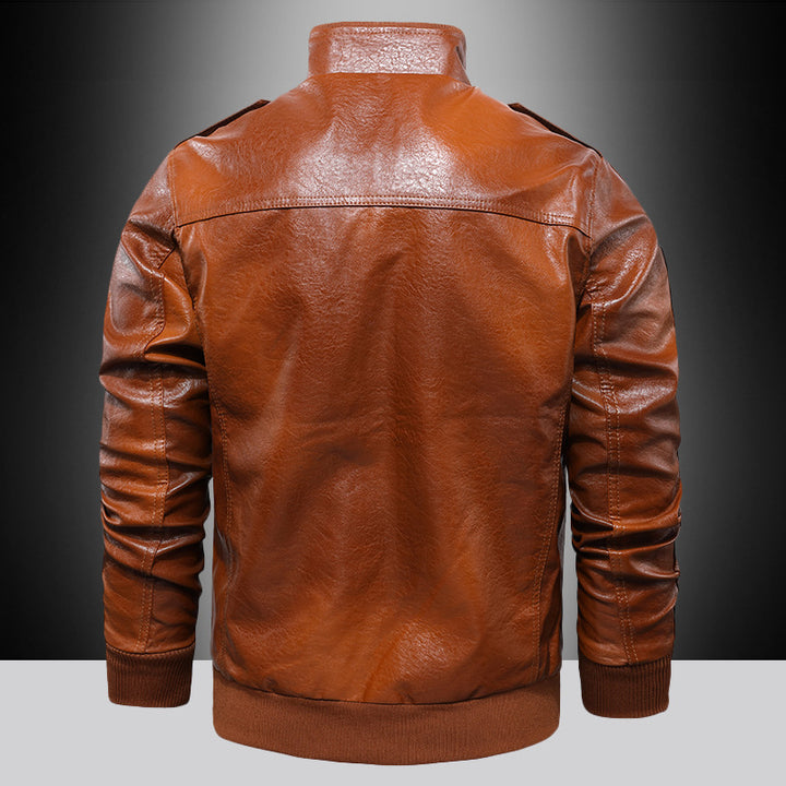 Men's Urban Pilot Leather Jacket in Military Look with Stand-up Collar and Shoulder Epaulettes Mune Fashion