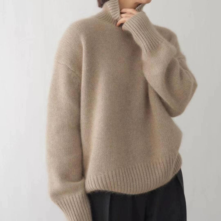 Women's Oversized Fine Knit Sweater with High Roll Neck and Side Slits Mune Fashion