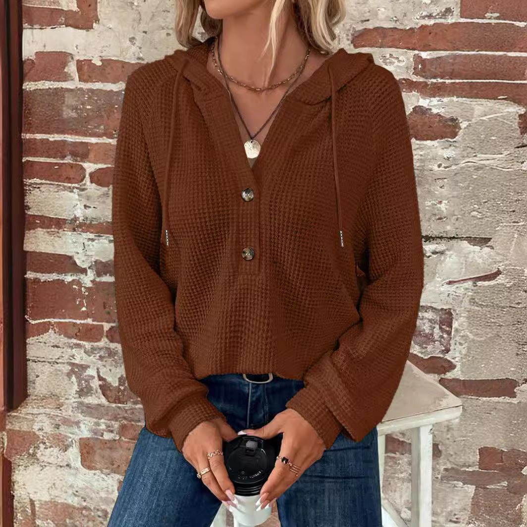 Women's Waffle Knit Hoodie with Button Placket and Ruffle Collar Mune Fashion