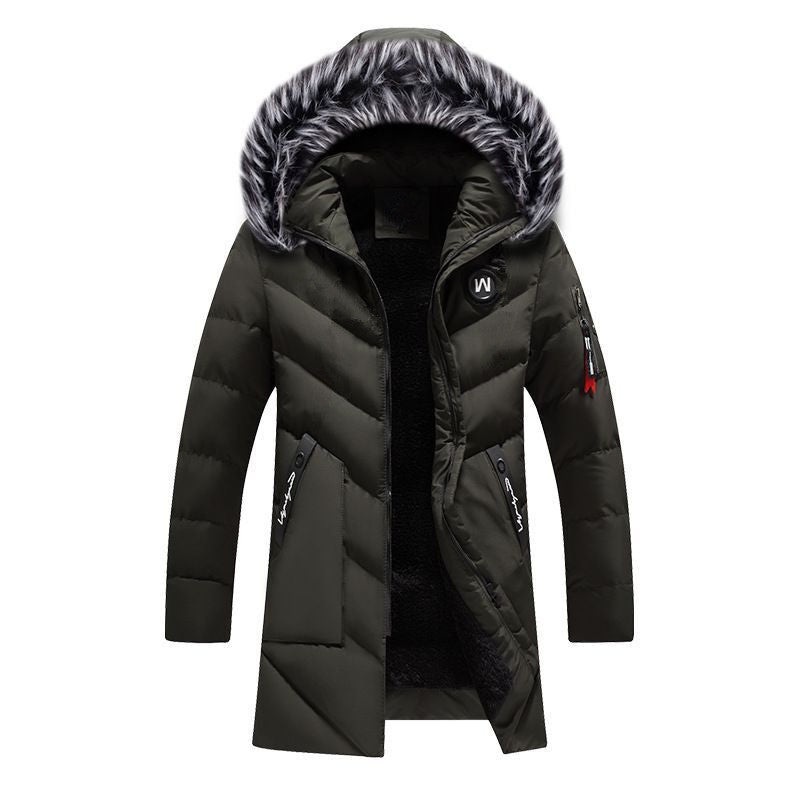 Men's Long Thermal Parka with Faux Fur Hood, Chevron Quilting and Fleece Lining Mune Fashion