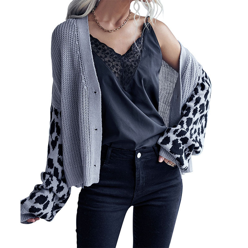 Women's Oversize Knit Cardigan with Leopard Pattern Sleeves and V-Neck Mune Fashion