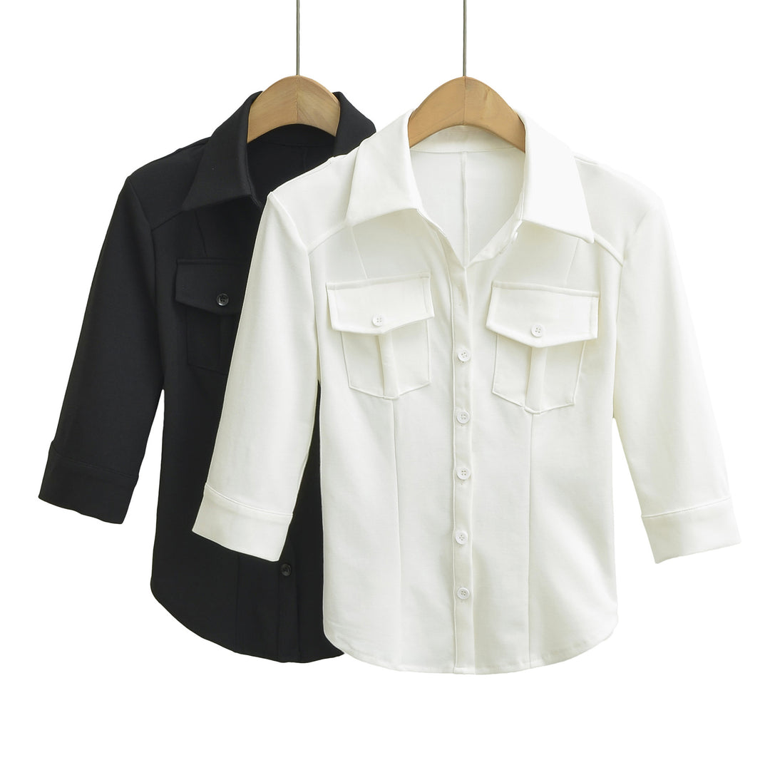 Women's fitted shirt blouse with chest pockets and fitted darts Mune Fashion