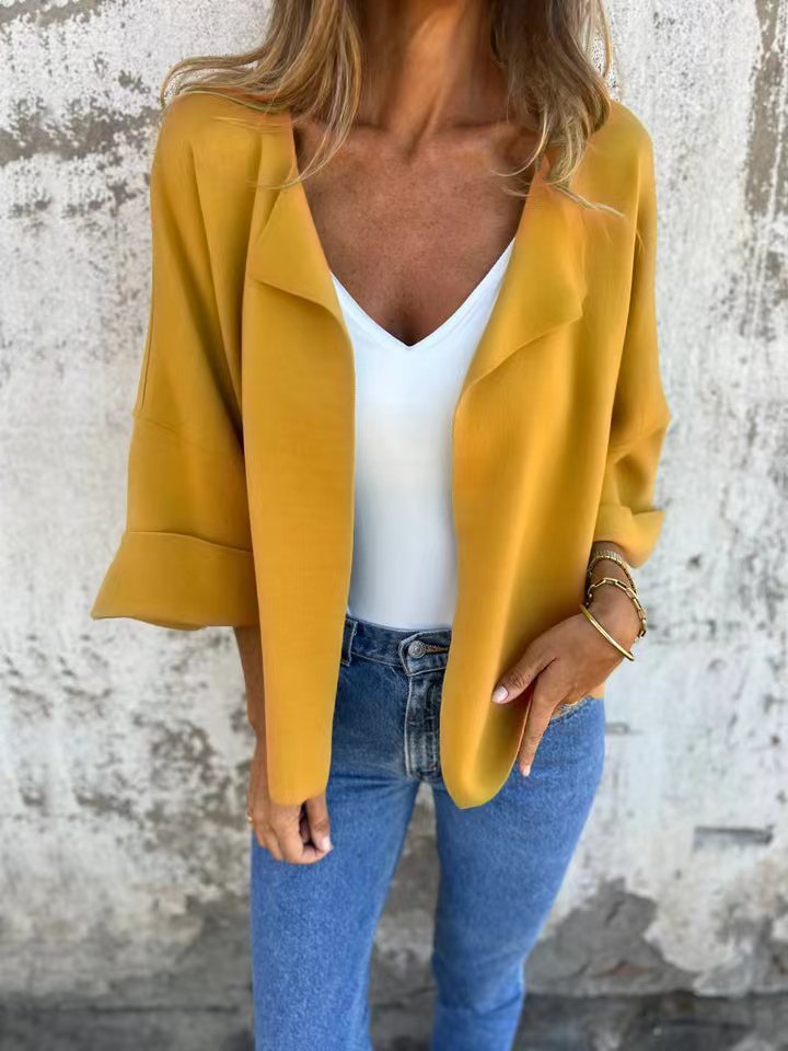 Women's light open knit cardigan with shawl collar, roll-up sleeves and boxy silhouette Mune Fashion
