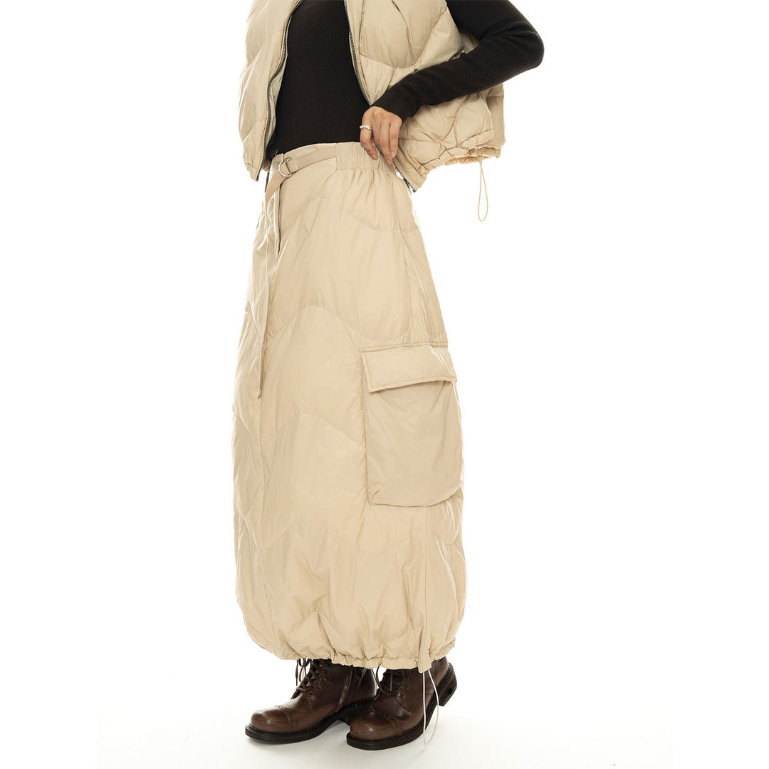 Women's Padded Quilted Midi Skirt with Cargo Pocket and Drawstring Mune Fashion