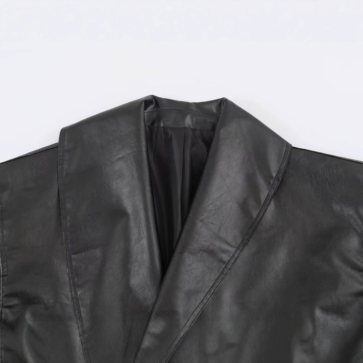Women's Short Faux Leather Blouson with Oversized Shawl Collar and Waist Belt Drune