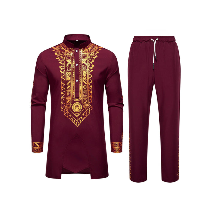 Men's Traditional Long Sleeve Kurta Set with Stand Collar, Gold Ornament Print and Drawstring Pants Mune Fashion