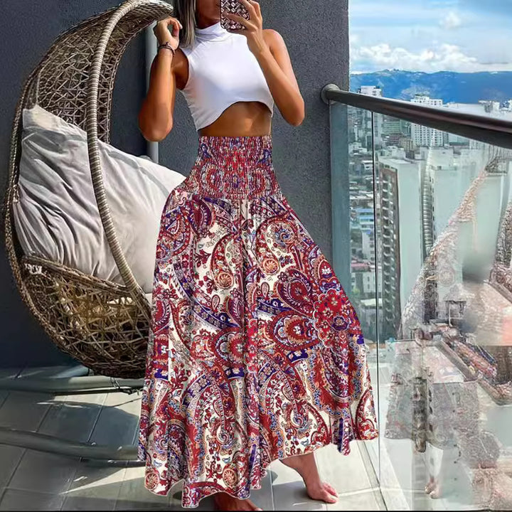 Women’s Maxi Skirt with High Smock Waist and Wide Boho Print Mune Fashion