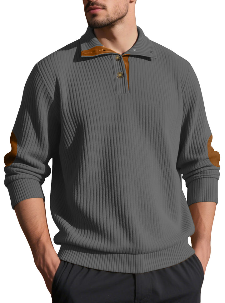 Men's ribbed half-button pullover with Kent collar and leather trim Mune Fashion