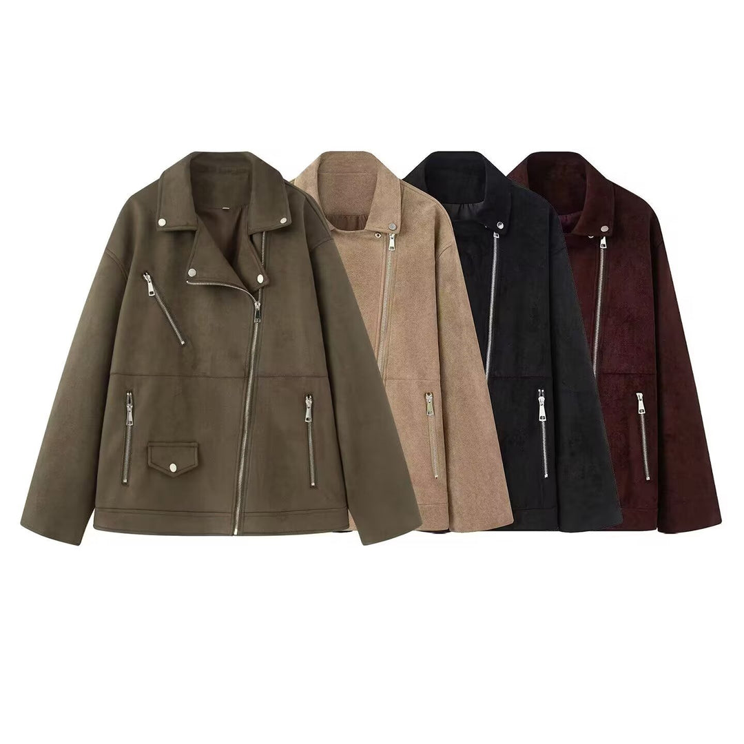 Women Asymmetrical Suede Leather Look Biker Jacket with Stand-Up Collar and Zippers Mune Fashion