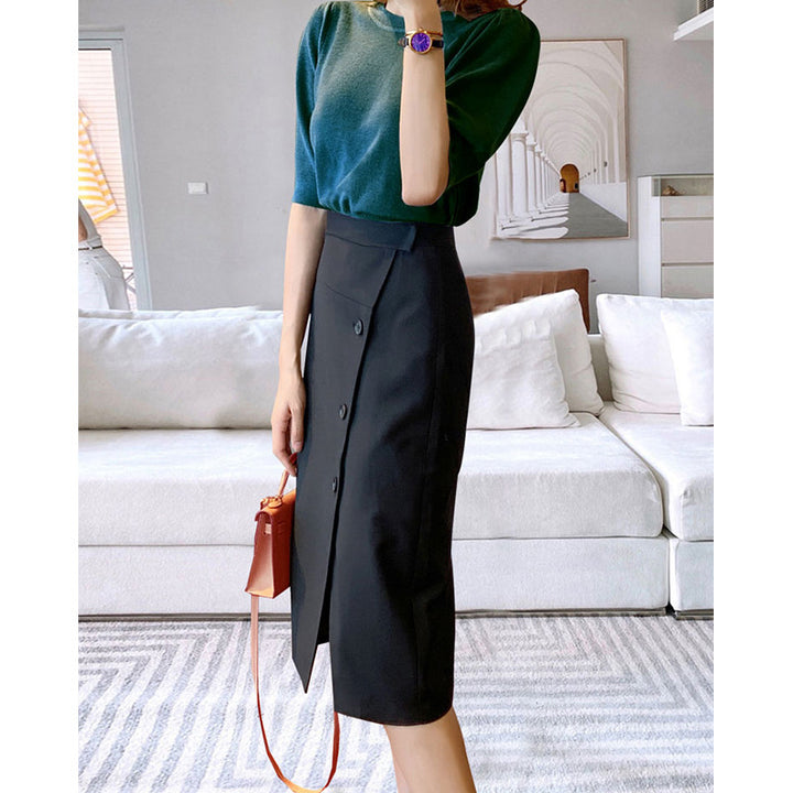 Women's Elegant Midi Skirt with Button Detail and Waist Belt Mune Fashion