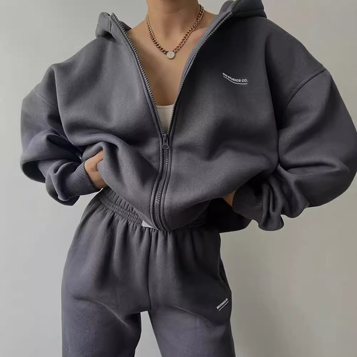 Women's Oversized Hooded Sweat Jacket with Zipper and High-Waist Jogging Pants Set Mune Fashion