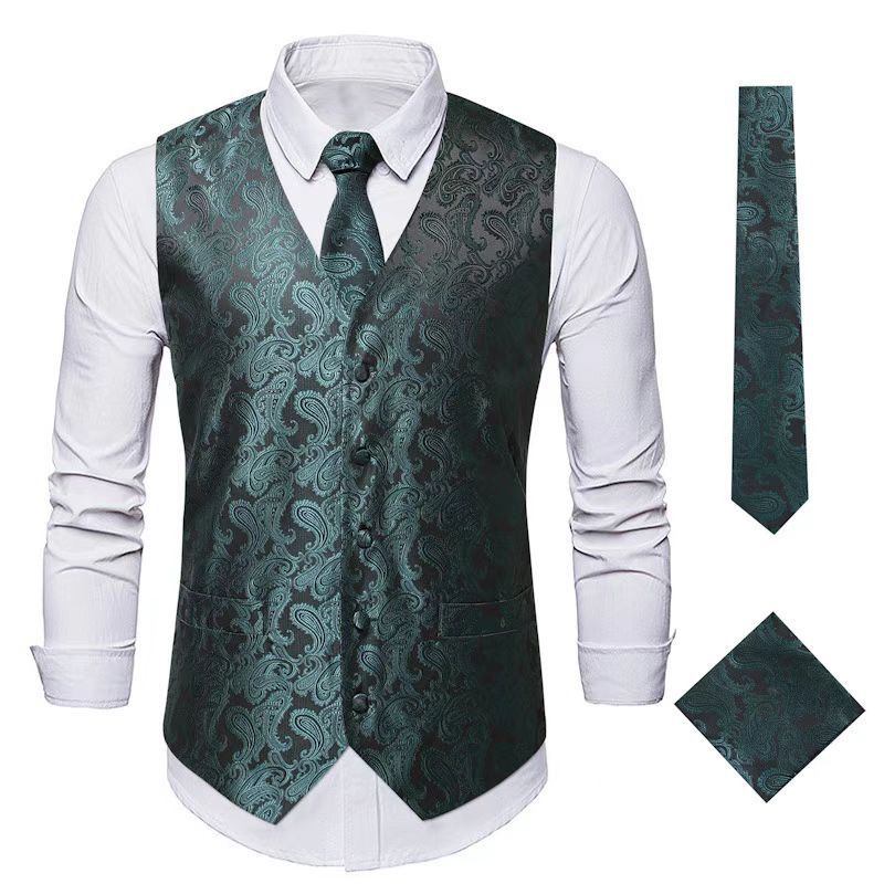 Men's Nan Paisley Satin Suit Vest Set with Tie and Pocket Square Mune Fashion