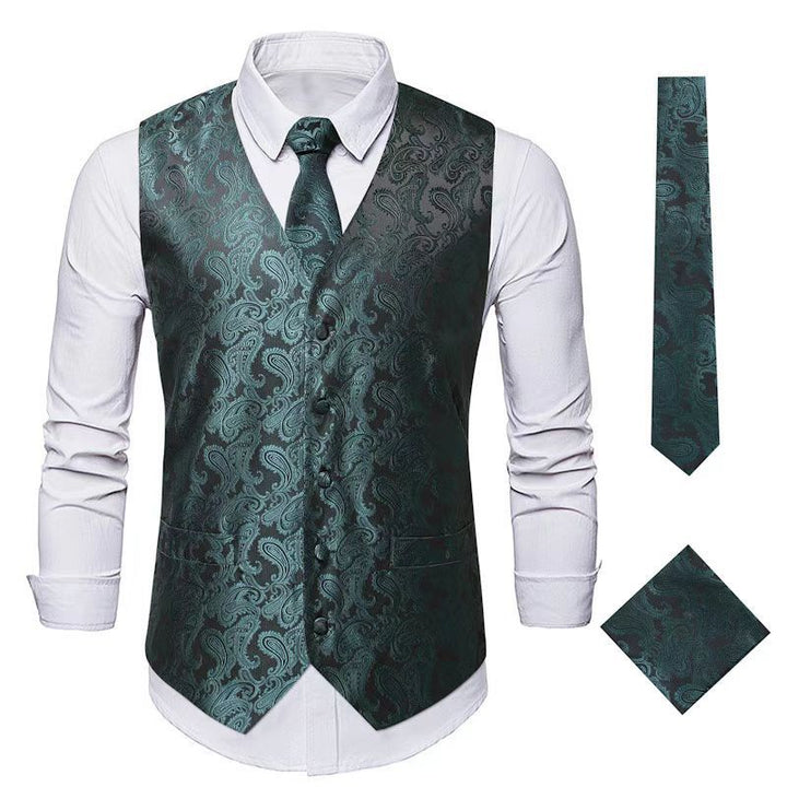 Men's Nan Paisley Satin Suit Vest Set with Tie and Pocket Square Mune Fashion