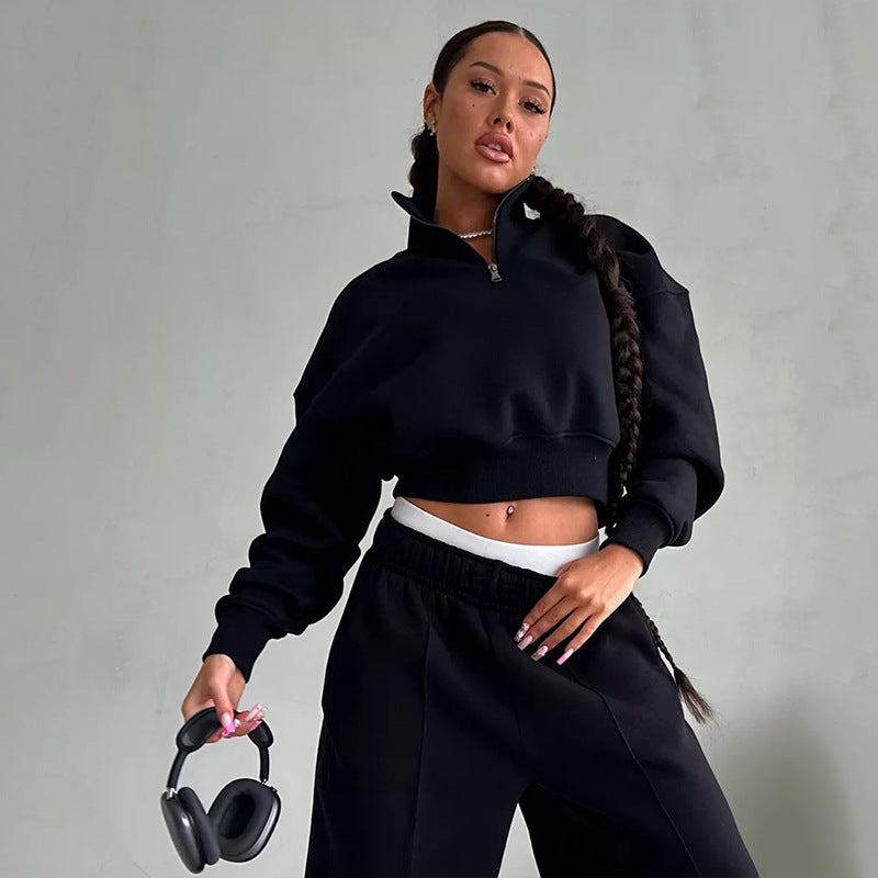 Women Two-Piece Cropped Half-Zip Sweatset with Stand Collar and Elastic High-Waist Jogging Pants Mune Fashion