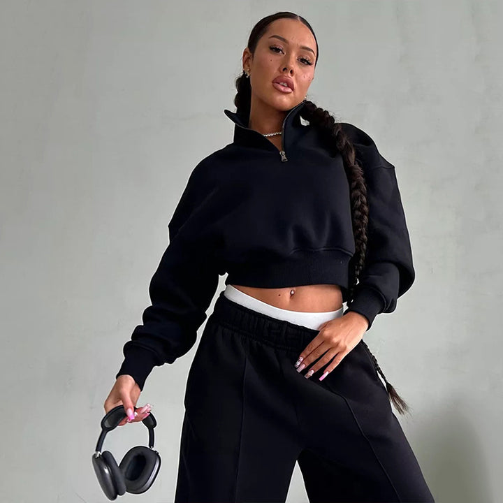 Women Two-Piece Cropped Half-Zip Sweatset with Stand Collar and Elastic High-Waist Jogging Pants Mune Fashion