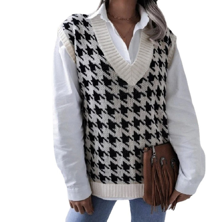 Women Oversized Knit Vest with Houndstooth Pattern and V-Neck Mune Fashion