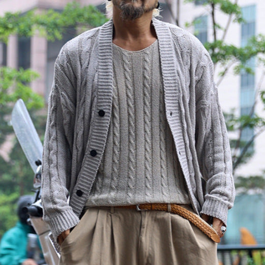 Men's chunky knit cardigan with cable pattern and button placket Mune Fashion