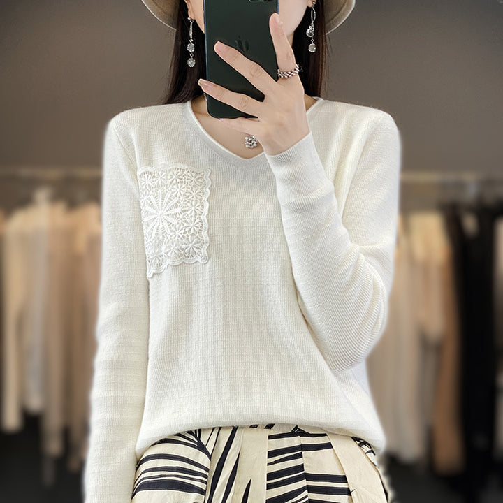 Women's Cashmere-Look V-Neck Sweater with Floral Crochet Appliqué Mune Fashion