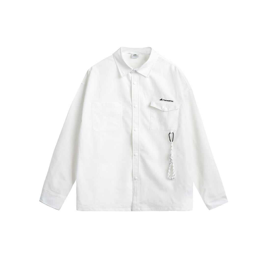 Unisex overshirt jacket in utility style with snap button placket and carabiner detail Mune Fashion