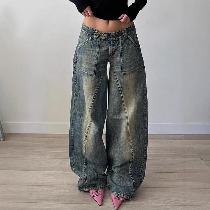Women's low-rise baggy jeans with distinctive V-seam panels and patch front pockets Mune Fashion