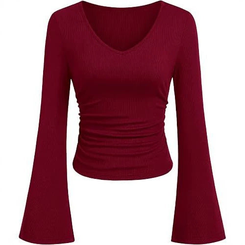 Women's Ribbed Crop Top with V-Neck, Tailored Gathering and Flared Trumpet Sleeves Mune Fashion