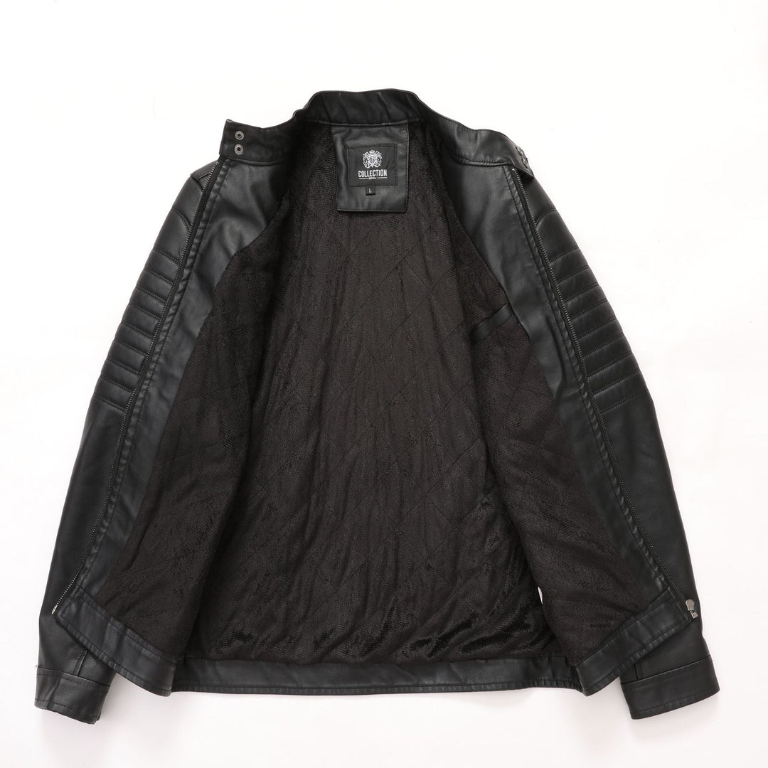 Men's biker jacket made of synthetic leather with quilted sleeve padding, stand-up collar and multi-pockets.