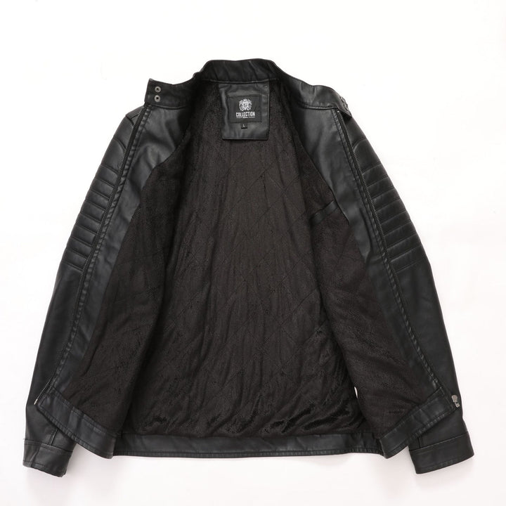 Men's biker jacket made of synthetic leather with quilted sleeve padding, stand-up collar and multi-pockets.