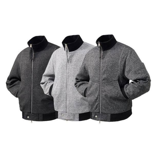 Men's wool blend bomber jacket with stand-up collar, ribbed cuffs, and utility arm pocket Mune Fashion