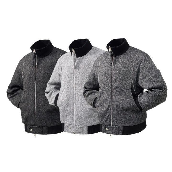 Men's wool blend bomber jacket with stand-up collar, ribbed cuffs, and utility arm pocket Mune Fashion
