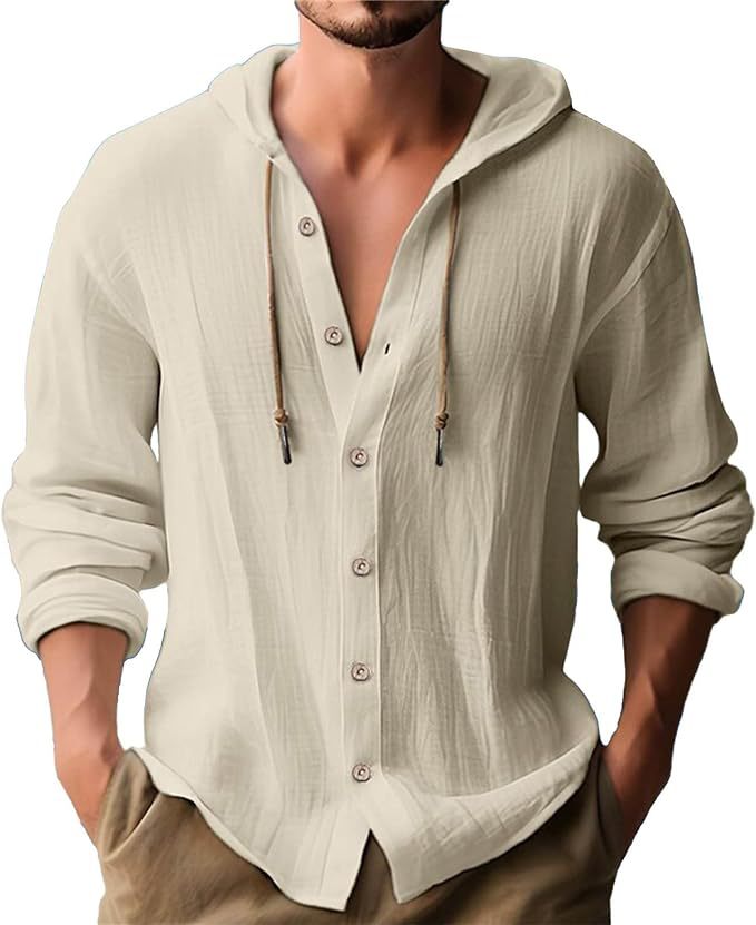 Men's casual hooded shirt with full button placket, drawstring, and lightweight linen look Mune Fashion