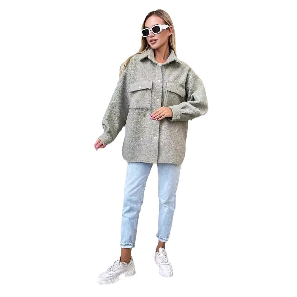 Women's Oversized Teddy Transitional Jacket with Chest Pockets and Snap Buttons Mune Fashion