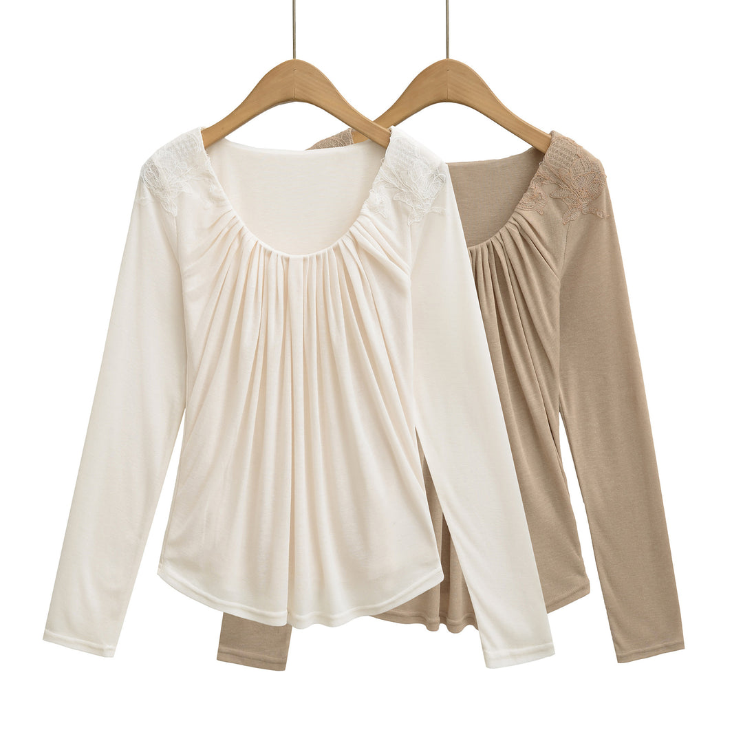 Women's jersey top with wide round neckline, pleated front and lace trim Mune Fashion