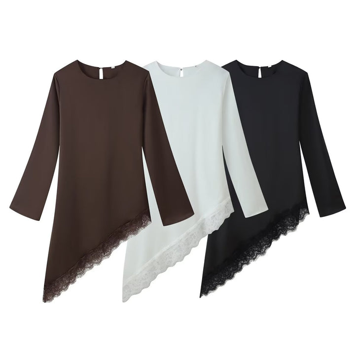 Women Asymmetric Tunic Blouse with Lace Trim and Wide Sleeve Mune Fashion