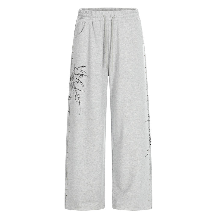 Women's Loose Sweatpants with Drawstring, Decorative Studs and Graphic Print Mune Fashion