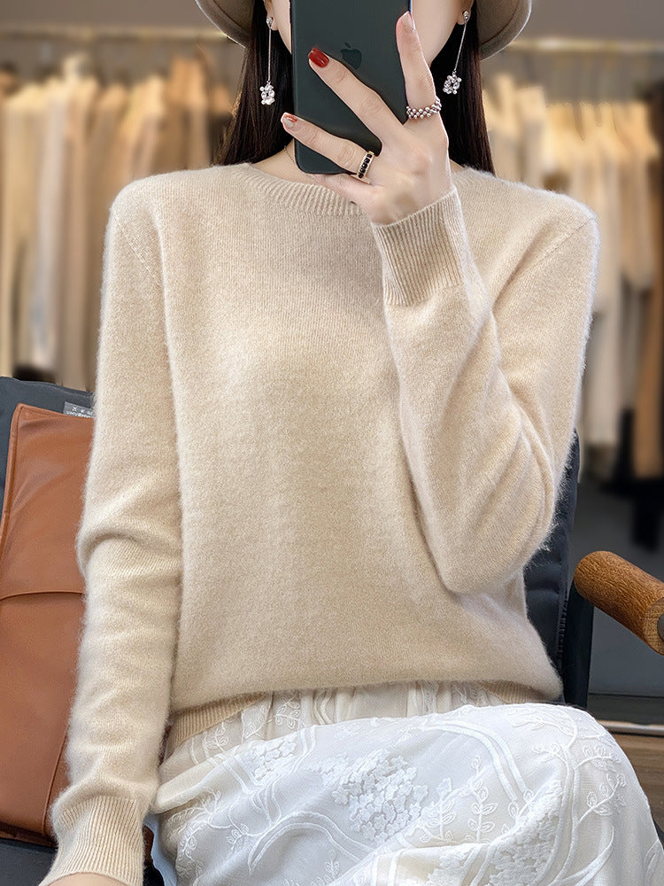 Ladies luxurious fine knit round neck sweater with soft fluffy finish and narrow cuff shape Mune Fashion