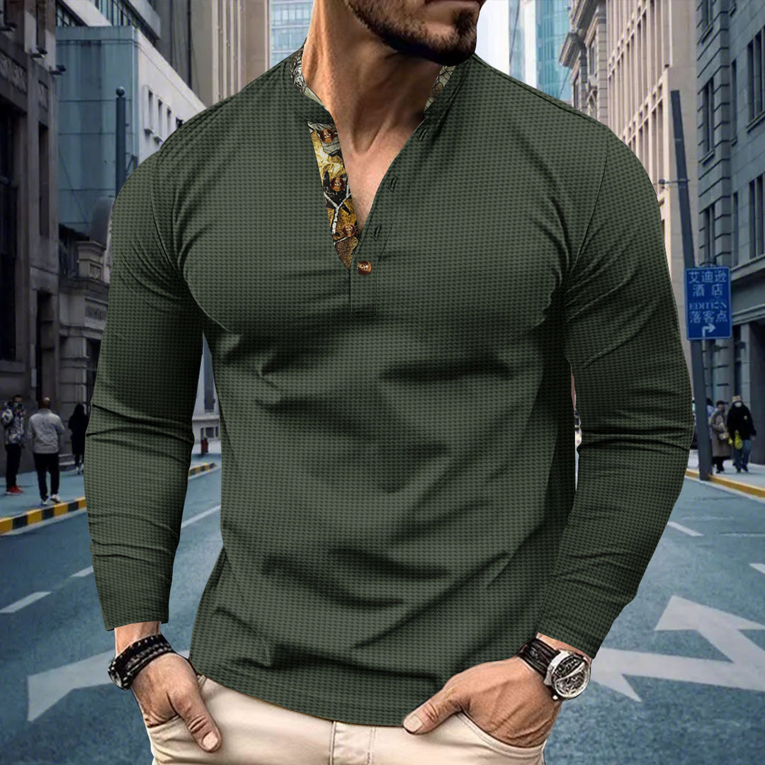 Men's long-sleeved Henley shirt with stand-up collar and patterned button placket trim Mune Fashion