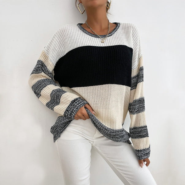 Women’s Oversize Knit Sweater with coarse ribbed knit, block stripes and wide round neckline Mune Fashion