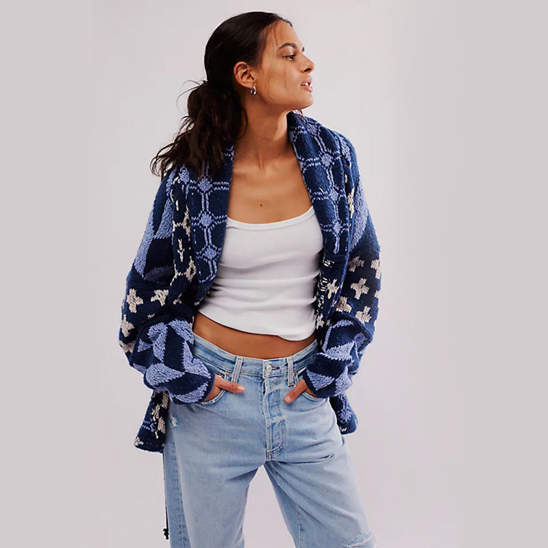Ladies Oversized Cardigan with Shawl Collar and Graphic Pattern Mune Fashion