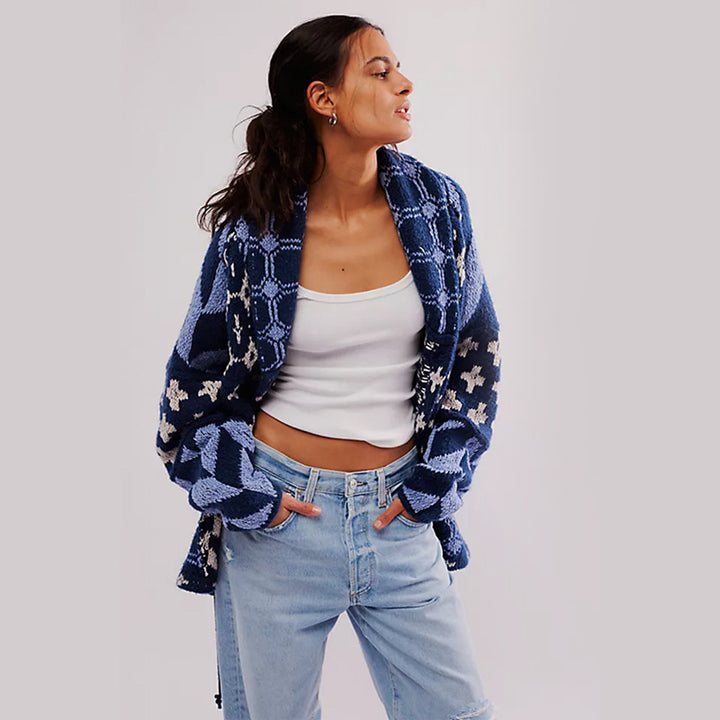 Ladies Oversized Cardigan with Shawl Collar and Graphic Pattern Mune Fashion
