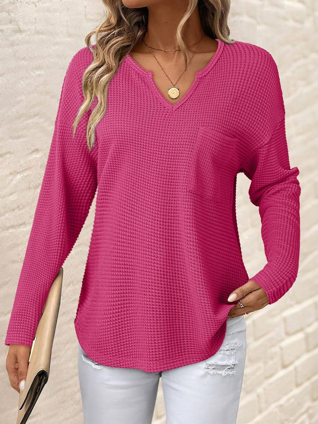 Ladies waffle knit long sleeve with V-notch, chest pocket and casual oversized fit Drune