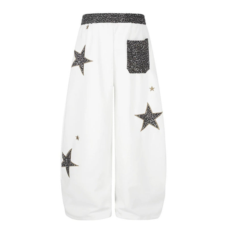 Women's Extra Wide Palazzo Sweatpants with Leo Waist, Star Appliqués and Drawstring Mune Fashion