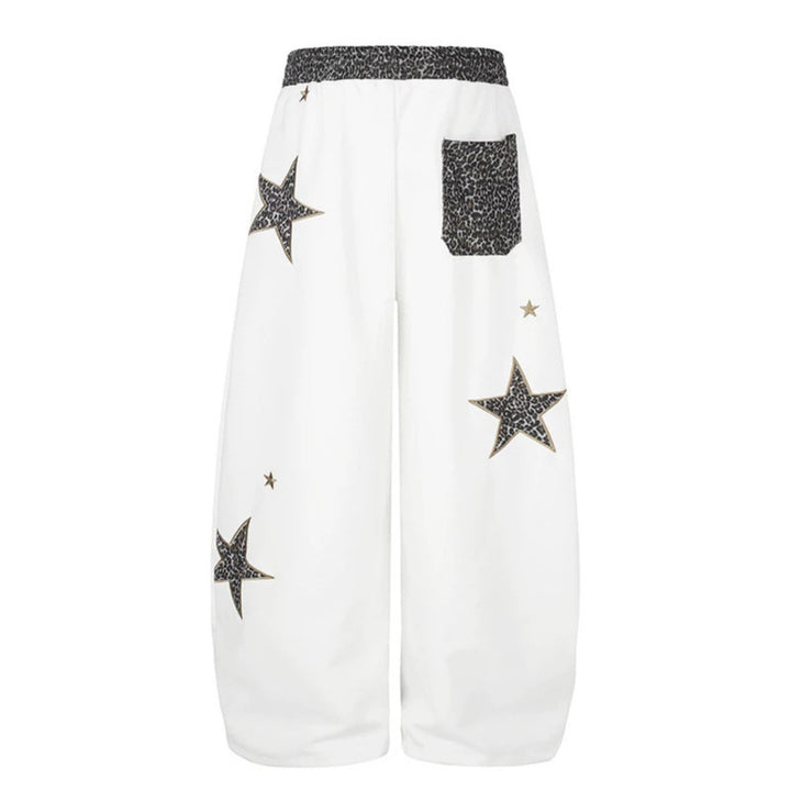 Women's Extra Wide Palazzo Sweatpants with Leo Waist, Star Appliqués and Drawstring Mune Fashion