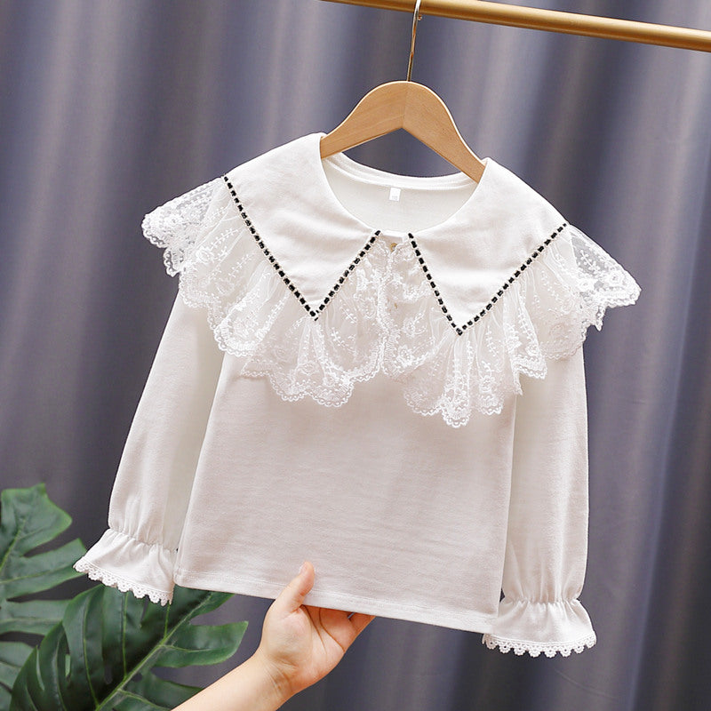 Women Vintage Long Sleeve Shirt with Lace Collar Mune Fashion