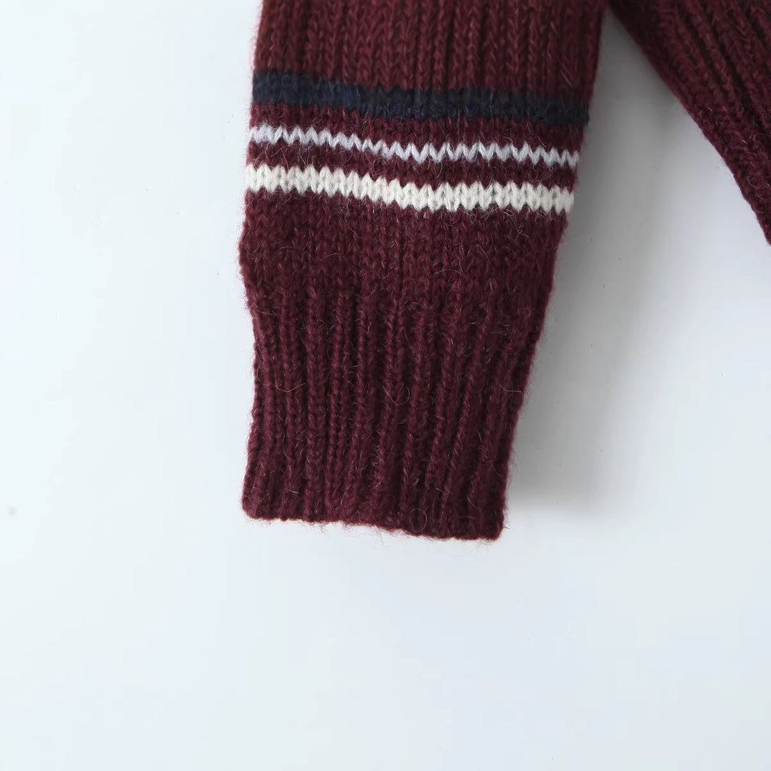Women Striped Knit Sweater with Polo Collar and Oversized Sleeves Mune Fashion