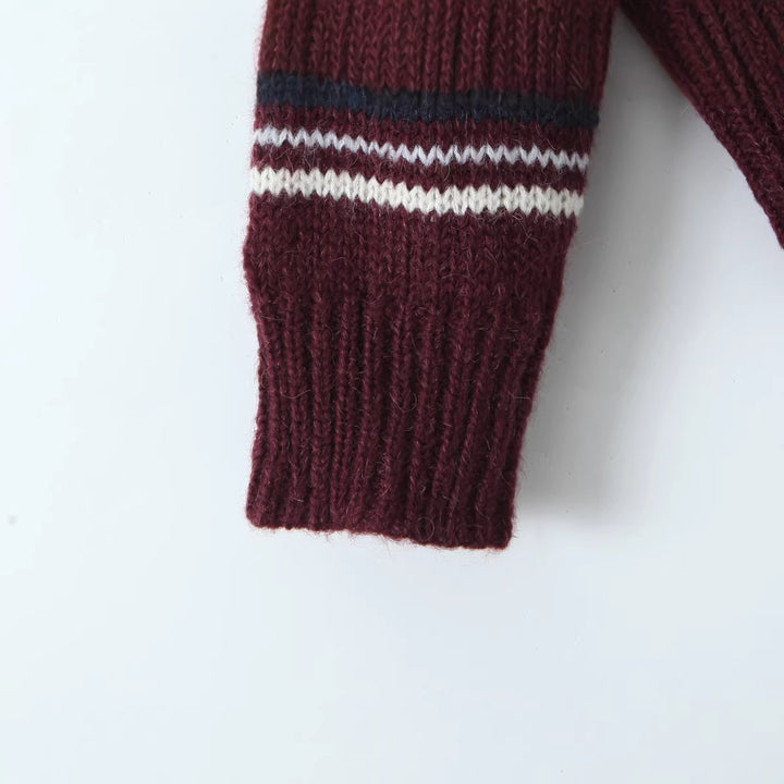 Women Striped Knit Sweater with Polo Collar and Oversized Sleeves Mune Fashion