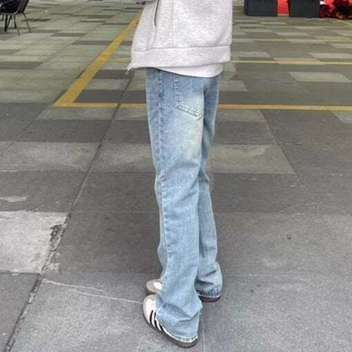 Women Straight Cut Vintage Wash Jeans with Extended Leg and Wide Hem Mune Fashion
