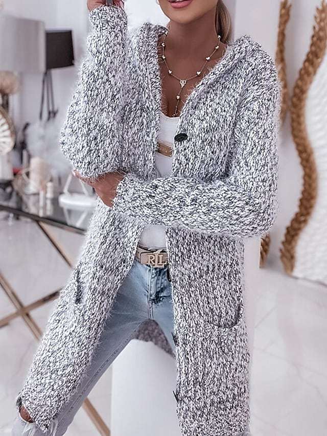 Women Longer Mélange Cozy Cardigan with Hood, Horn Button and Pockets Mune Fashion