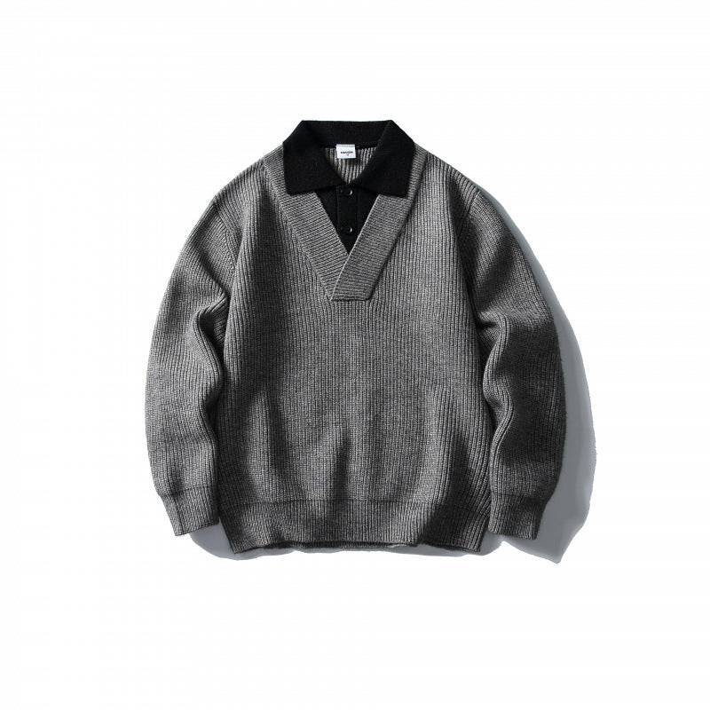 Men's pullover with polo half-button placket, oversized ribbed knit and V-neck detail Mune Fashion